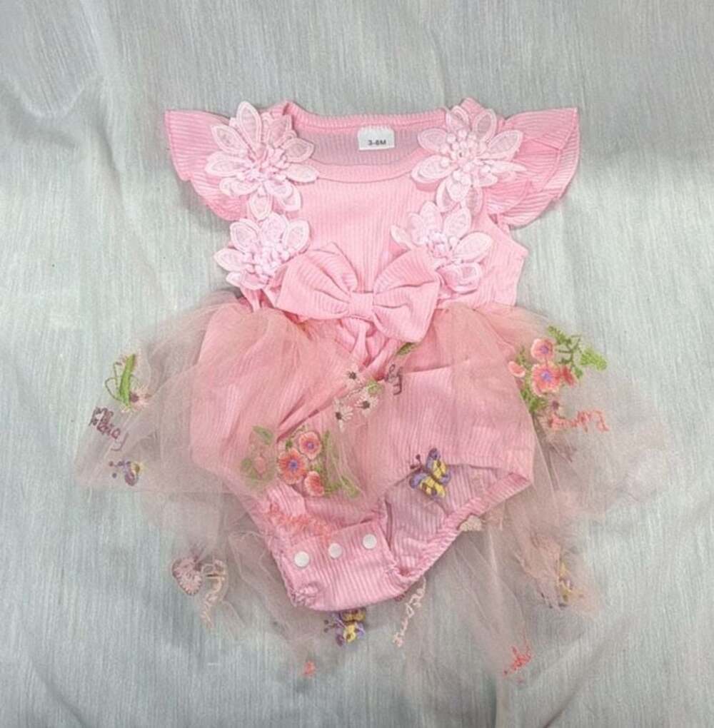 Baby Girl Pink Floral Embroidered Tulle Romper Dress 3-6M